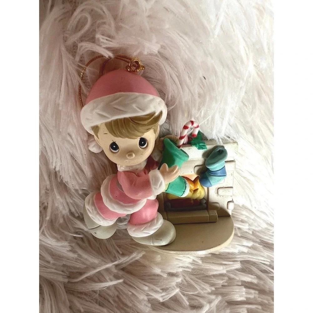 Precious Moments Ornament 1996 Pink Santa Fireplace Stocking Vintage